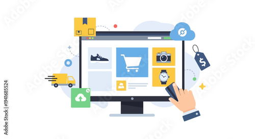 E-commerce Online Shopping Concept. Digital Marketplace Experience with Secure Payment, Fast Delivery, Cloud Services, and Product Listings.