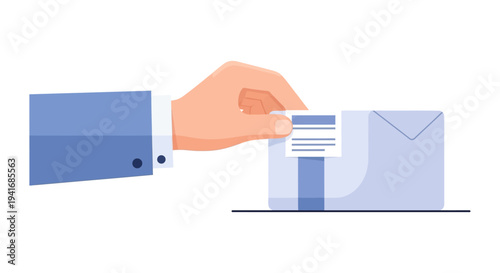 Hand Applying Postage Label to Envelope for Mail Delivery and Shipping Service. Business Communication and Logistics Concept.