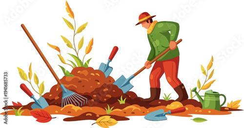 Gardener working in soil with garden tools
