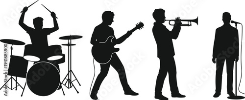Music Band Silhouettes with Drummer Guitarist Trumpet Player and Singer Performing Live Concert Isolated Black Musicians Vector Set