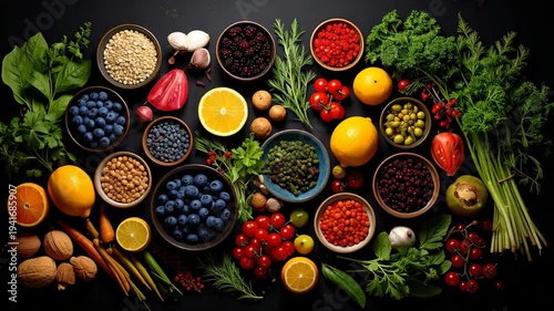 Fresh organic superfoods assortment with berries lemons tomatoes nuts and green herbs on black table surface