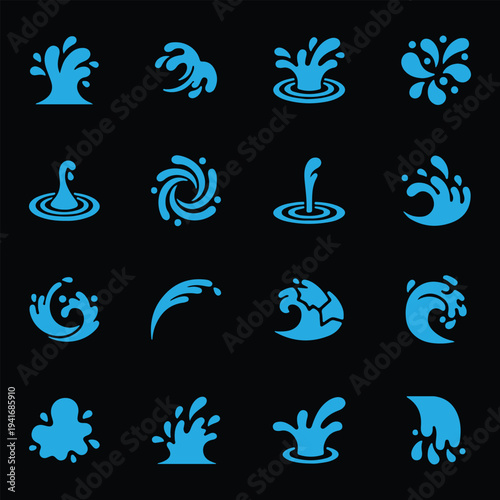 Blue water icons set. Vector liquid splashes, drops, waves, and puddle silhouettes isolated on black background.