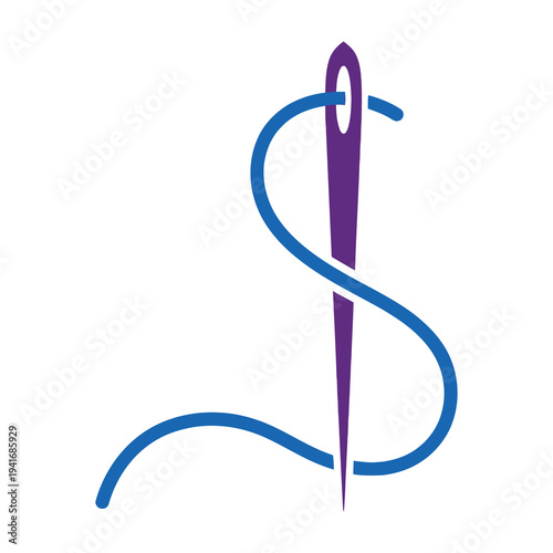 Purple needle with blue thread on white background for sewing and crafting