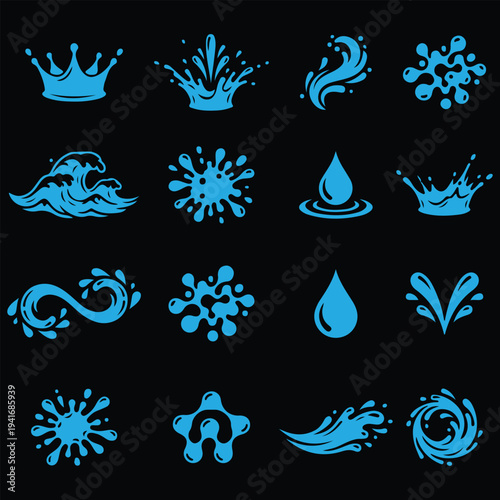 Set of blue water icons. Vector silhouettes of liquid splashes, drops, waves, and swirls on black background.