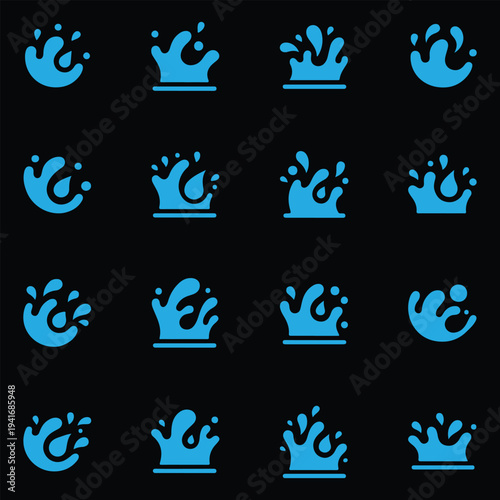 Set of blue water splash icons. Vector liquid drops, spray, and puddle silhouettes isolated on black background.