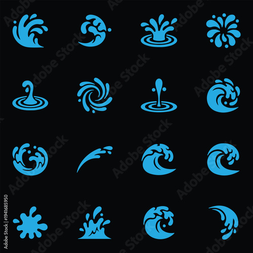 Water icons set. Vector blue liquid splashes, ocean waves, drops and ripples silhouettes isolated on black background.