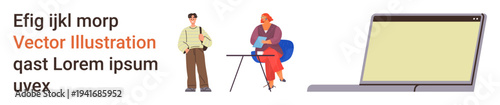 Online work, team collaboration, digital tools, remote meetings, workplace interaction, communication. Two people standing and sitting near a laptop. Online work and team collaboration concept