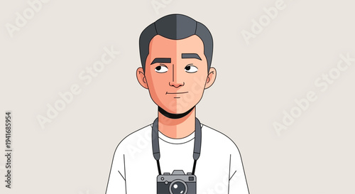 Vector man with camera looking sideways on a plain background