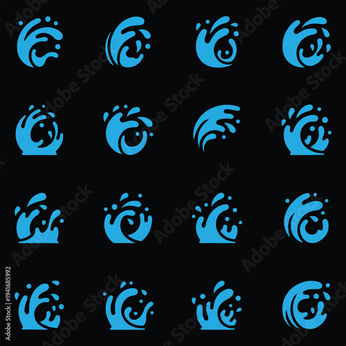 Set of blue water icons. Vector silhouettes of swirling ocean waves, liquid splashes, and drops isolated on black background.