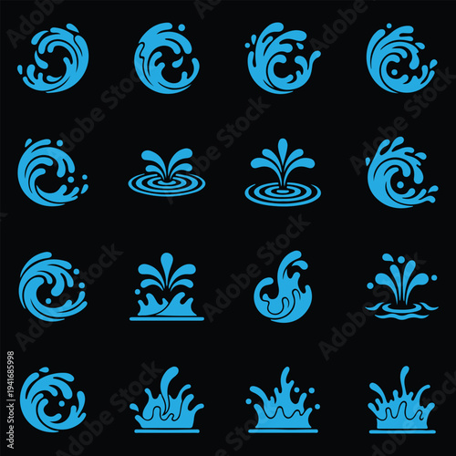 Set of blue water icons. Vector silhouettes of swirling ocean waves, liquid splashes, and fountains isolated on black background.