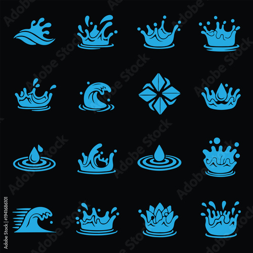 Set of blue water icons. Vector silhouettes of liquid splashes, drops, ripples, crowns, and waves isolated on black background.