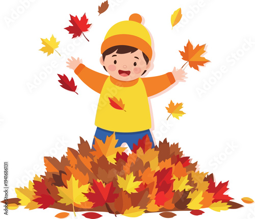 Happy child playing in pile of autumn leaves