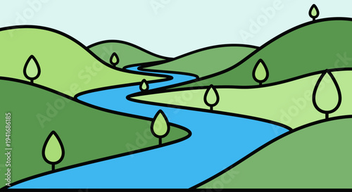 Winding blue river flowing through green hills landscape illustration