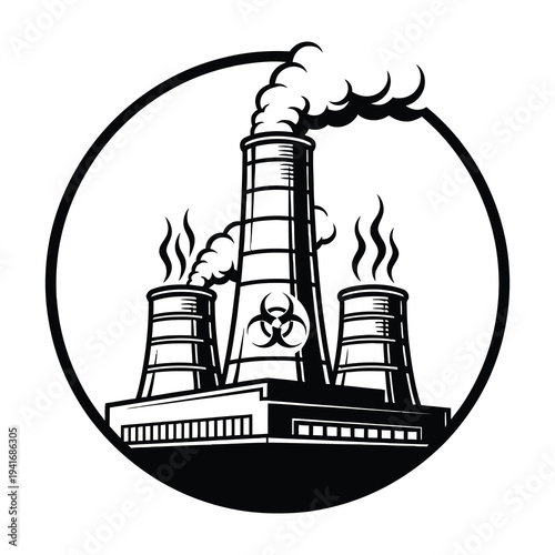 Nuclear power plant with radioactive symbol and pollution illustration