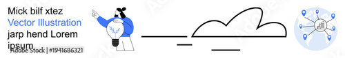 Cloud computing, network connectivity, digital transformation, data sharing, remote work, digital trends. Person pointing to cloud design with connected digital nodes. Cloud computing and network