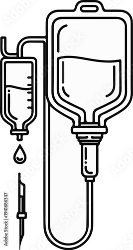 Medical iv drip bag with tubing and needle, dripping fluid into a patient