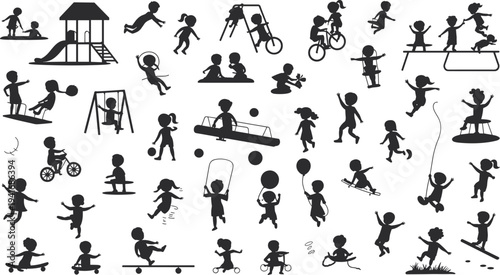 Kids Playground Activities Silhouette Collection with Children Playing Swinging Sliding Cycling Jumping Rope Ball and Park Games Isolated Vector Set