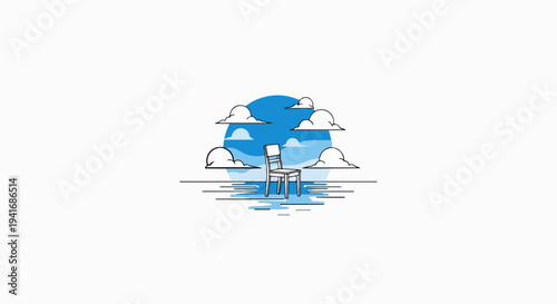 Minimalist illustration of a chair in the water under a cloudy blue sky