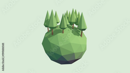 A 3D illustration of a green sphere with trees on top in a minimalist style