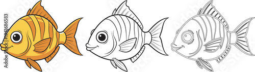Coloring page of three fish in different stages