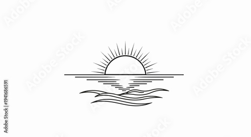 Minimalist line art depicts a semi-circle sun with rays over rippling water