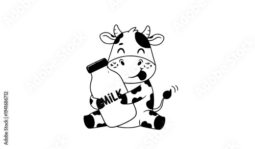 Happy cartoon cow sitting and hugging milk bottle cute farm animal vector character