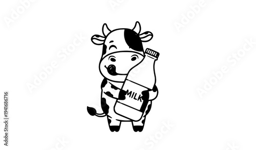 Cute cartoon cow hugging milk bottle happy dairy mascot vector illustration