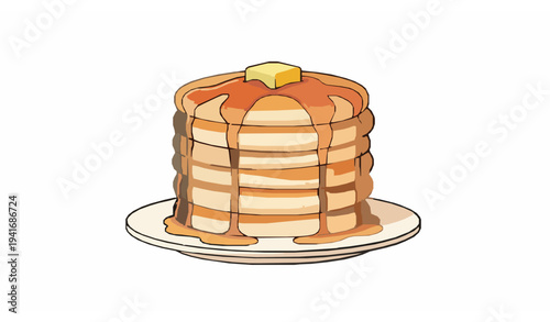 Fluffy pancake stack with melting butter and maple syrup breakfast food vector illustration
