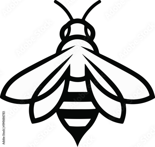 Minimalist outline of a bee, featuring bold black lines and striped abdomen