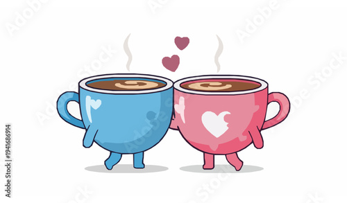 Cute cartoon coffee cups with hearts romantic Valentine's Day love vector illustration