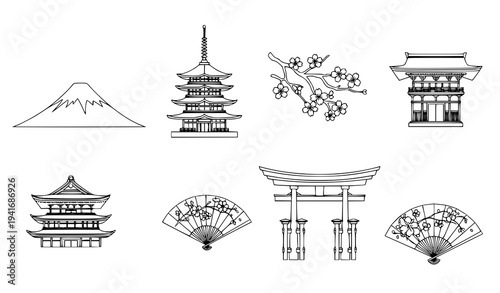 Minimalist Japanese culture icon set Mount Fuji pagoda sakura line art vector collection