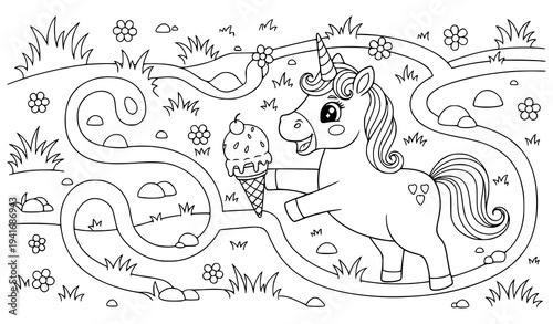 Fun unicorn maze with ice cream coloring page kids vector line art illustration