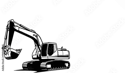 Monochrome illustration of a heavy-duty tracked excavator on a white background
