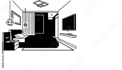 Modern bedroom interior with bed, nightstand, TV, and lamps