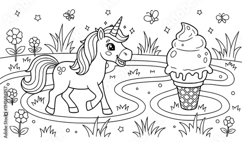 Whimsical unicorn navigating maze to ice cream coloring page vector illustration
