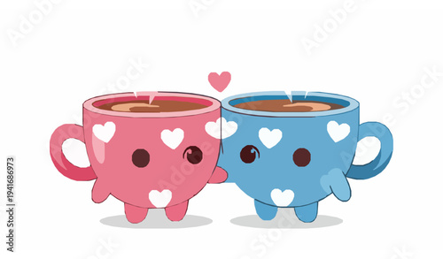Valentine love coffee cup couple with hearts cute cartoon vector illustration