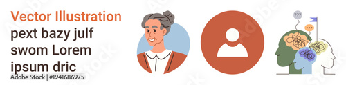 Healthcare, demographics, human profiles, psychology, identity, mental health. Features elderly woman portrait, user icon brain with conceptual elements. Healthcare and psychology concepts