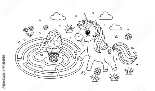 Cute unicorn maze coloring page with ice cream and flowers for kids vector illustration