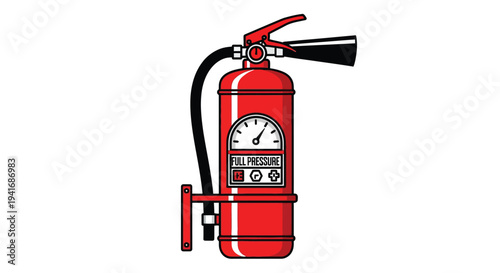 A cartoon illustration of a red fire extinguisher with a pressure gauge