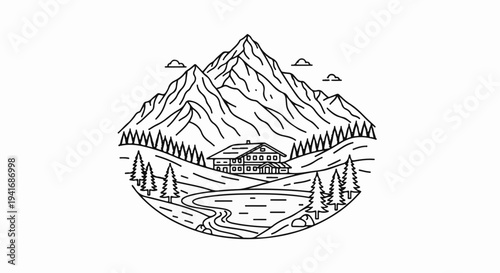 Mountain landscape with a house by a lake and evergreen trees
