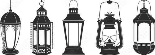 Vintage and Arabic Lantern Silhouette Collection with Classic Oil Lamps and Ramadan Decorative Lights Isolated Black Vector Set