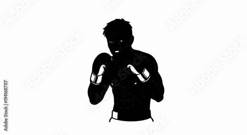 Muscular fighter in boxing stance, silhouette with white highlights