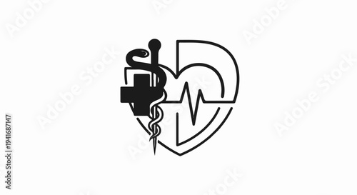 Medical caduceus and heartbeat symbol combined within a shield shape