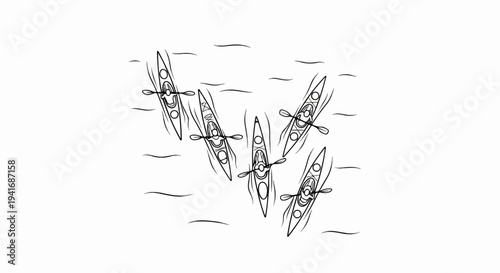 Overhead view of five kayaks on wavy water