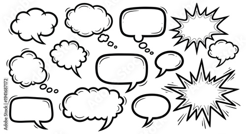 Set of 14 Hand-Drawn Doodle Style Speech Bubbles and Thought Clouds Vector Collection for Comic Book Design, Chat, and Communication Graphics