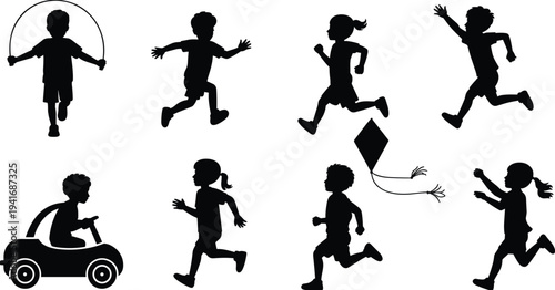 Children Running Playing Jump Rope Flying Kite and Toy Car Silhouette Collection Kids Outdoor Activities Isolated Black Vector Set