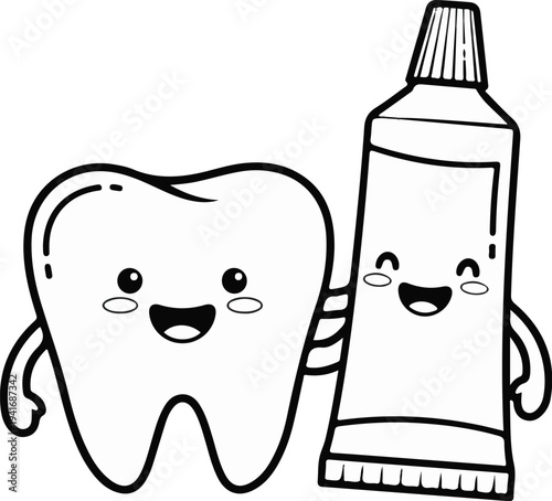 Happy tooth and toothpaste tube with smiling faces, cartoon style