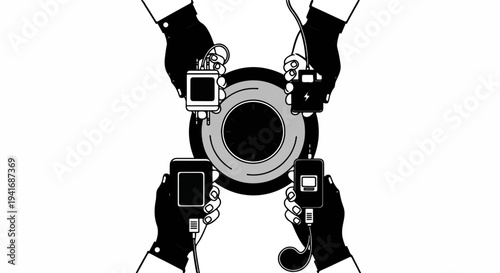Four hands hold electronic devices around a circular object