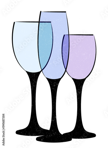 Set of three wine transparent glasses.