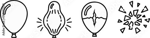 Four stages of a balloon inflated, stretching, cracking, and exploding into pieces